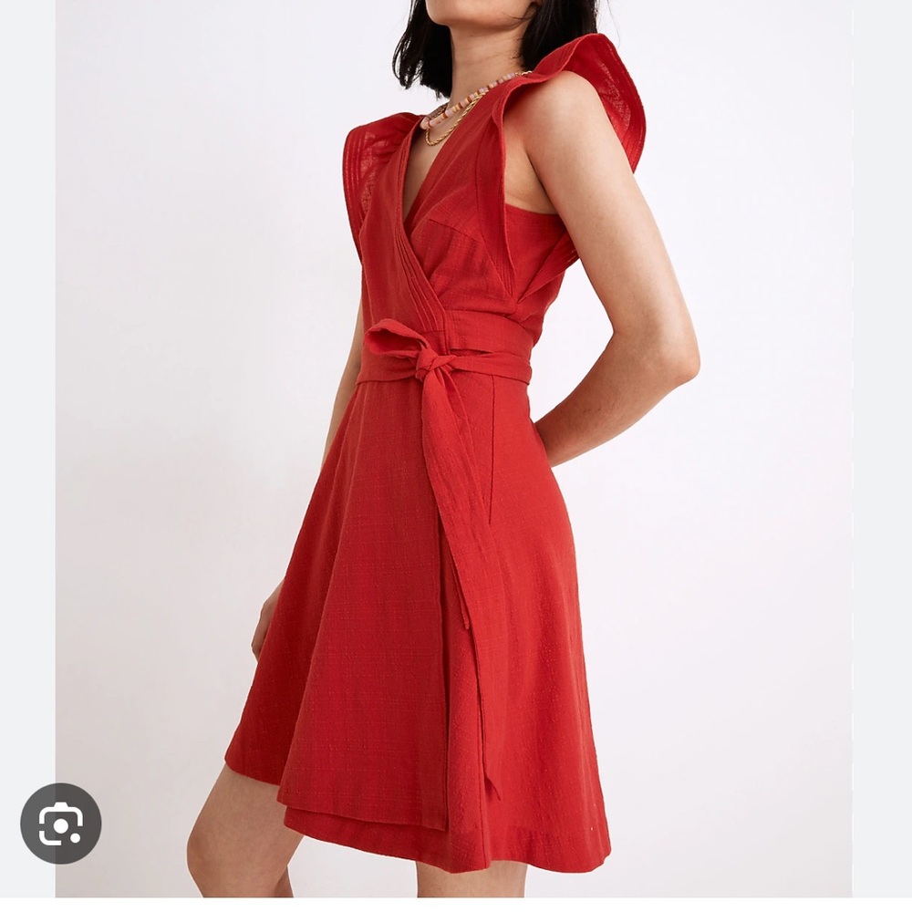 Madewell Red Ruffle Sleeve Wrap Mini Dress